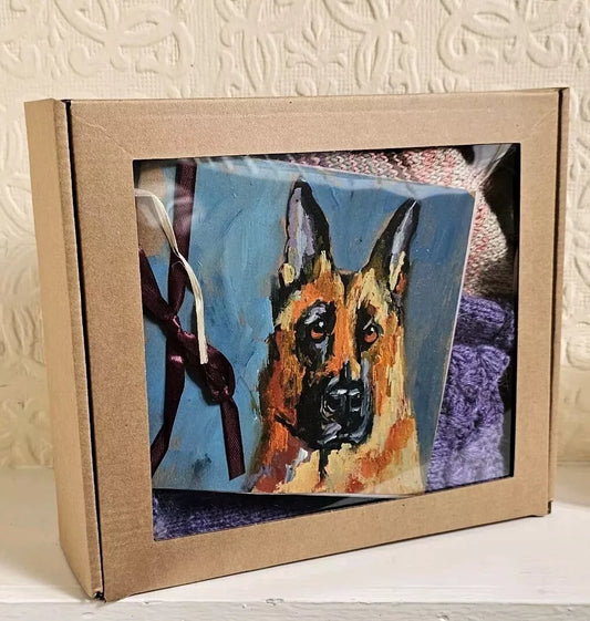 Handmade Hamper Birthday, Christmas Gift Box Socks, Gloves, greeting card, candle, German shepherd